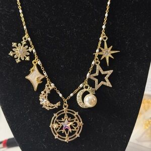 Hand made 18k Gold Plated Star and Moon Charm Necklace